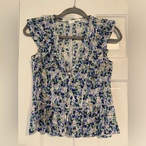 Veronica Beard blue floral button down blouse.